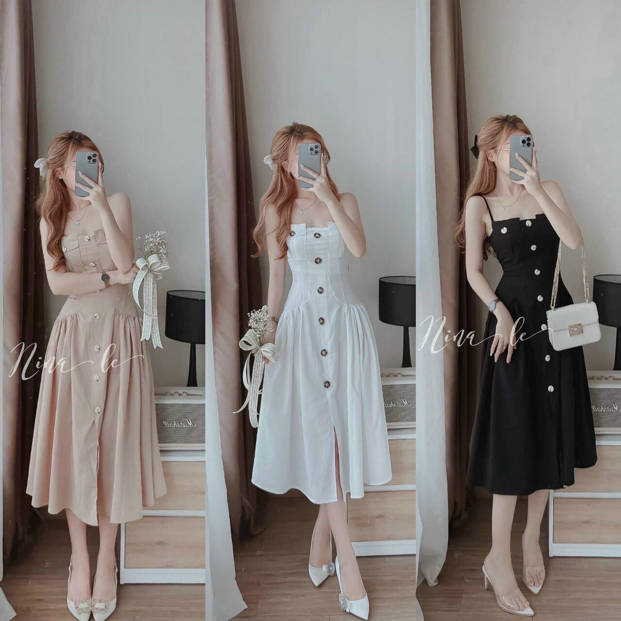 Đầm Váy Nữ hai dây cài Nút siêu xinh