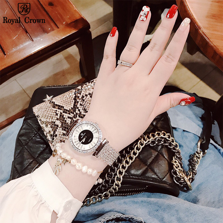 Đồng Hồ Nữ Chính Hãng Royal Crown 4611 Dây Kim Loại Đính Đá Chống Nước Chống Xước