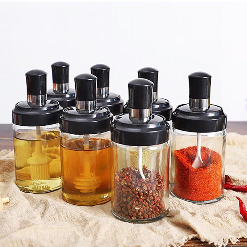 Combo 4 hũ đựng gia vị kèm muỗng, hũ đựng gia vị thủy tinh tiện dụng