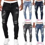 Slim Fit Korean Style Ripped Denim Jeans for Men