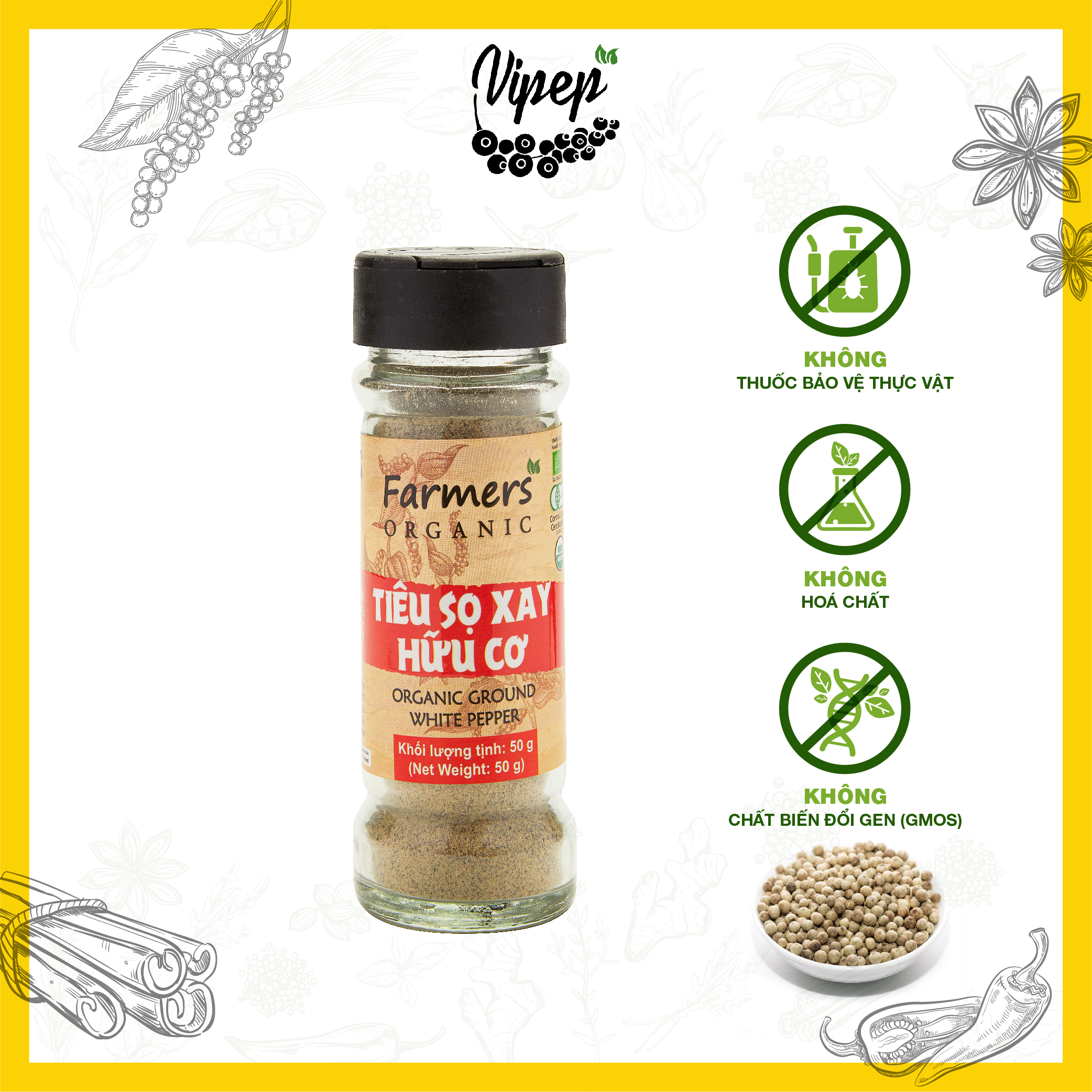 Tiêu sọ hữu cơ xay nhuyễn Farmers không chứa tạp chất, hương vị cay thơm đặc trưng, gia vị chuyên tẩm ướp hũ 50g