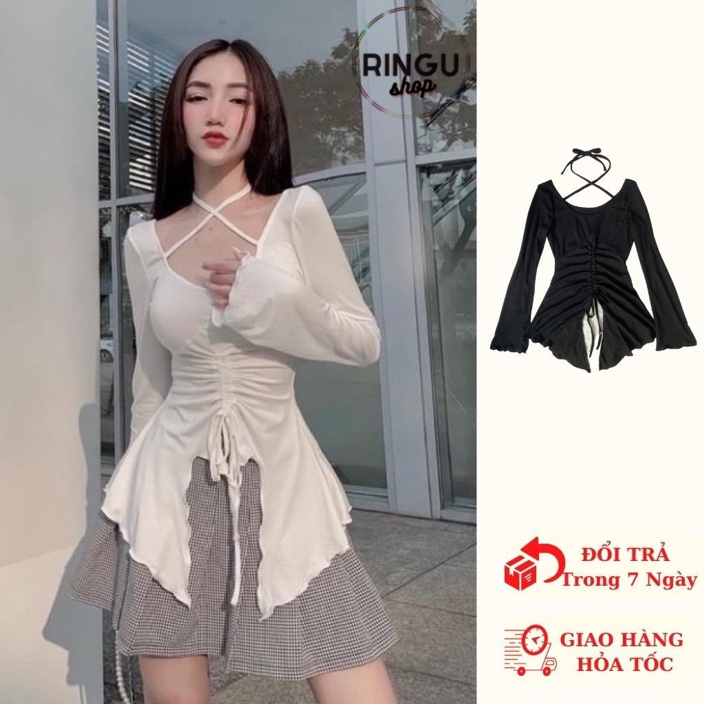 Áo thun body nữ rút eo kiểu tay loa dây chéo cổ chất thun gân- ringu shop
