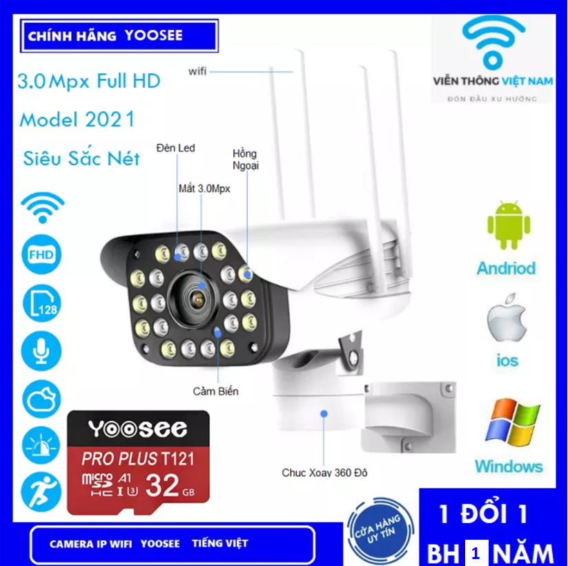 Camera ngoài trời xoay 360 độ camera không dây , camera yoosee , camera ip wifi yoosee 4 râu xoay 360 độ, độ phân giải full hd 3mp 1920x1080p không dây,camera trong nhà