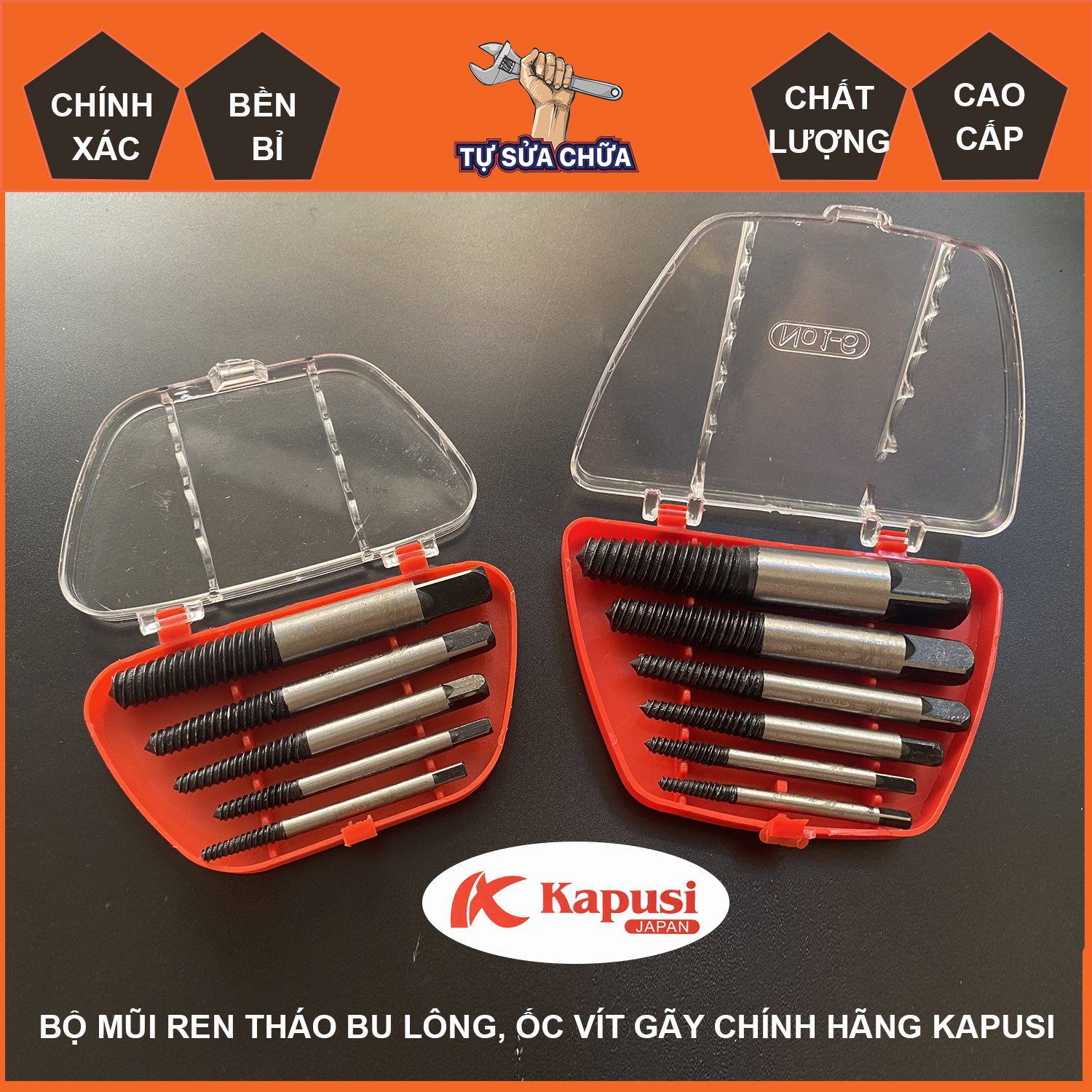 Bộ mũi ren tháo bu lông, ốc vít gãy chính hãng KAPUSI, mũi vặn ốc vít hư, tháo vít gãy toét chuyên nghiệp