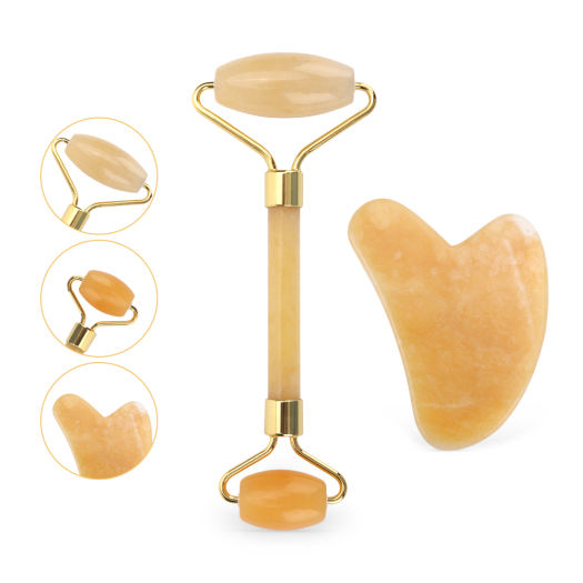 Con Lăn Ngọc Bích Màu Vàng Chính Hãng 100% Con Lăn Mát Xa Mặt Hai Đầu Bảng Guasha, Dụng Cụ Làm Đẹp Đá Ngọc Bích Tự Nhiên Nâng Mặt Lưng Cằm Cổ Mỏng Có Hộp