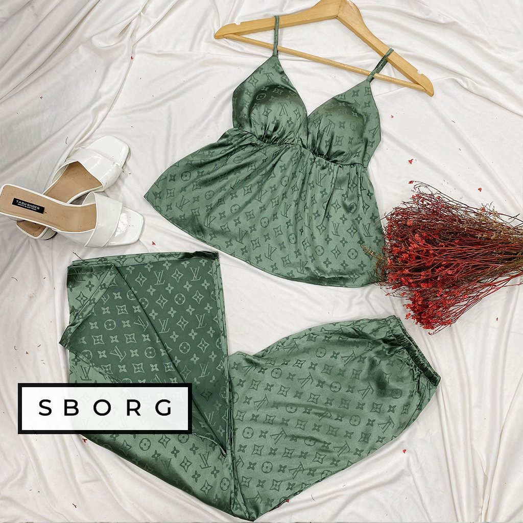 Bộ quần áo nữ SBORG đồ ngủ nữ chất lụa satin mềm mịn mát áo 2 dây sexy dễ thương viền ren phối quần dài ống rộng thoải mái freesize dưới 60kg quà tặng vợ, thoải mái mặc ngủ hoặc đi ra ngoài