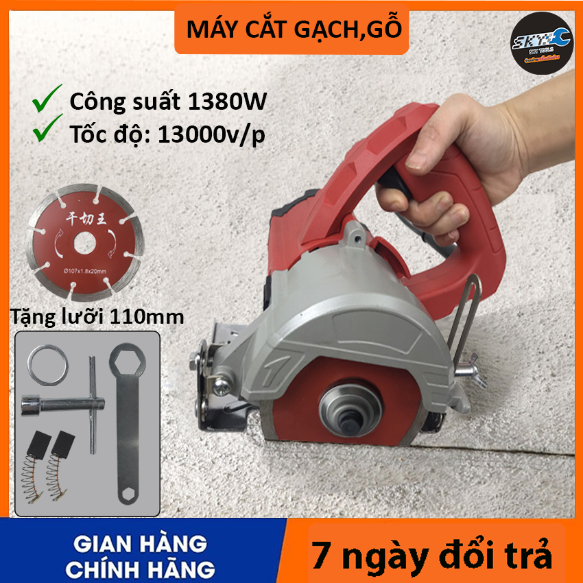 CHÍNH HÃNG 110C GGG Máy cắt gạch, cắt gỗ cầm tay, máy cắt gạch chỉnh góc Máy cắt góc 45 độ , dùng lưỡi 110mm, công suất 1380w , tốc độ 13000 v/p Bảo hành đầy đủ 3 tháng đầy đủ phụ kiện tặng kèm lưỡi cắt