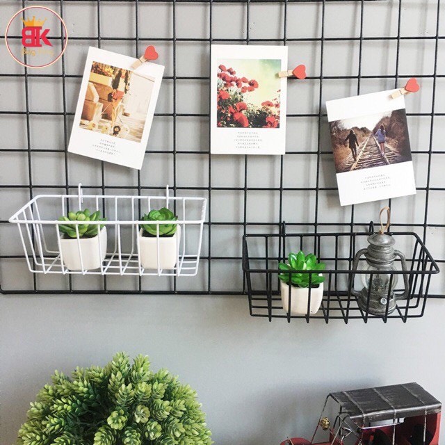 Khung lưới sắt trang trí treo tường decor, giỏ lưới, rổ treo ,thanh để đồ,kẹp gỗ,đèn led kẹp ảnh