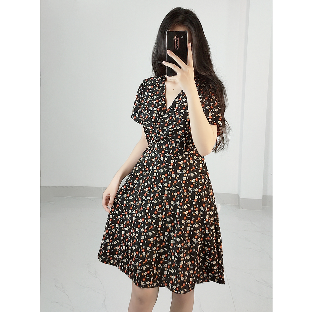 Đầm váy nữ hoa dáng xoè cổ chữ V thắt eo dễ thương RD045