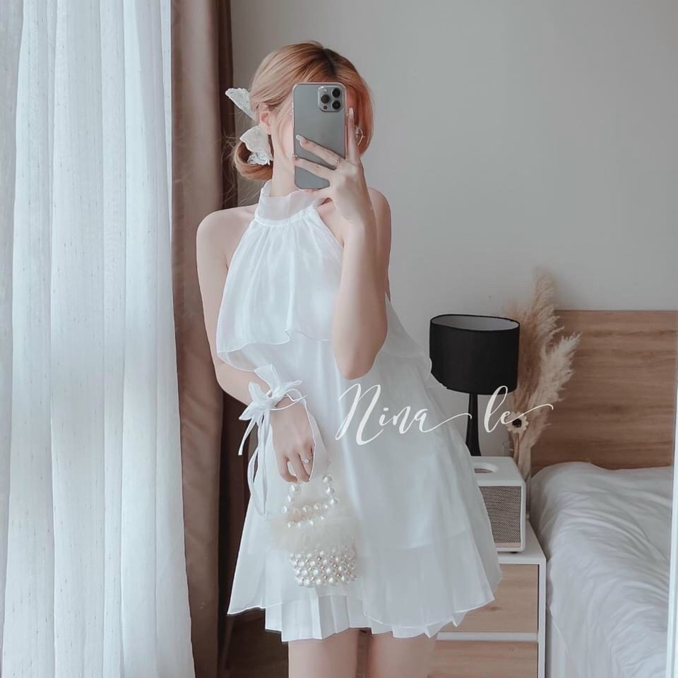 [Váy mới] Chân váy xếp ly xòe xinh xắn và áo kiểu yếm dễ thương chất liệu voan tơ dày dặn màu trắng thời trang nữ LANCHI