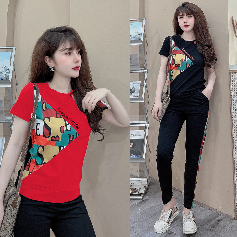 Đồ bộ thun cotton dài họa tiết xếp hình