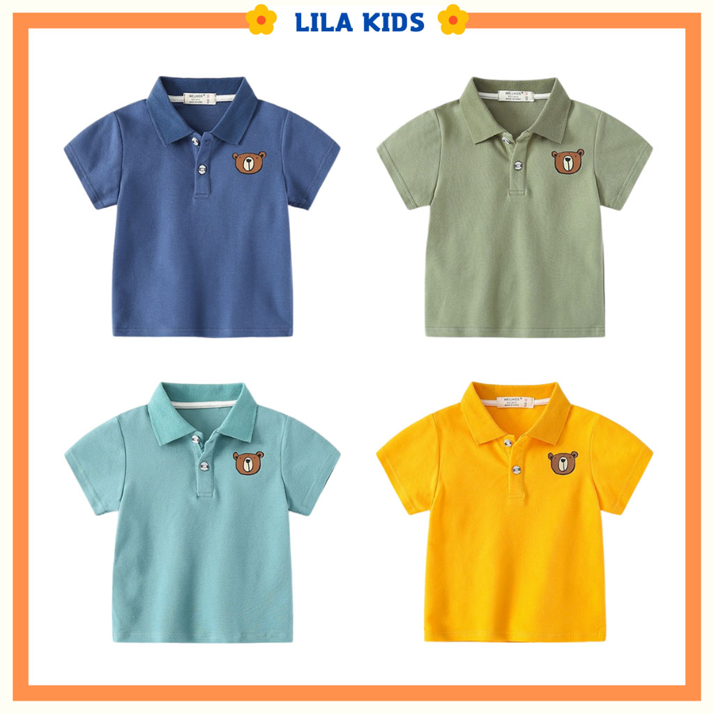 Áo thun cho bé trai LILA KIDS, Áo cộc bé trai in hình gấu ở ngực cho bé từ 6-28kg