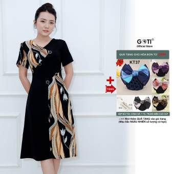 GOTI - Đầm Dự Tiệc Trung Niên Cao Cấp Kiều Đầm Xòe Trung Niên Cho Mẹ Tuổi 40 Tuổi 50 BigSize Eo Rộng Tay Ngắn Đính 6 Nút 3337 3330 3340