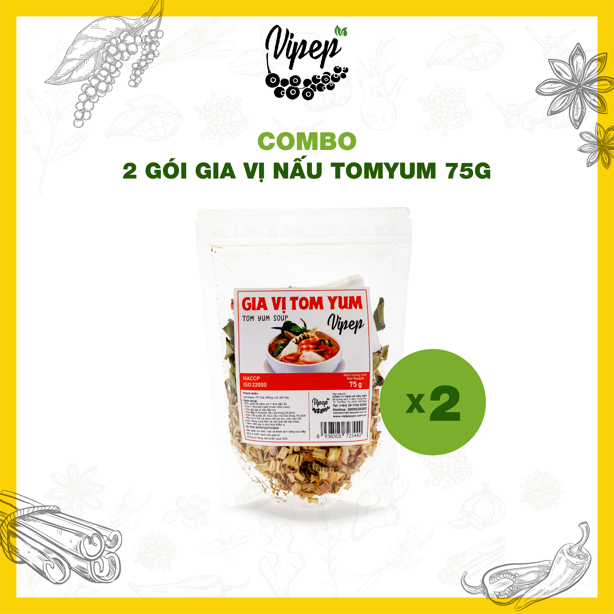 Combo 2 gói gia vị lẩu thái Tomyum Vipep 75g - chuẩn nước lẩu Hadilao, gói tiện lợi chế biến tại nhà