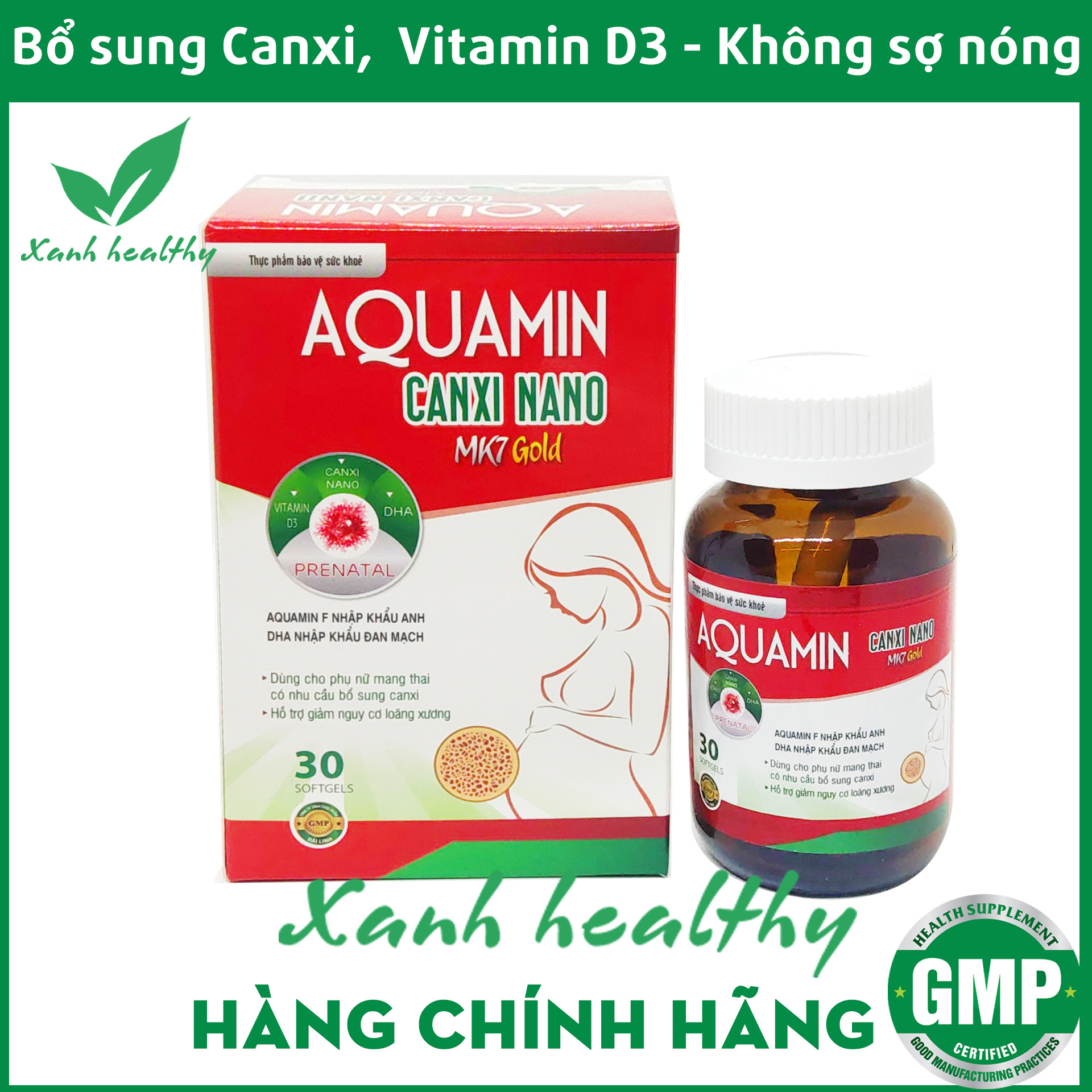 Viên Uống Bổ Sung Canxi, Vitamin D3, Vitamin K2 Aquamin Canxi Nano MK7 Red Phát triển hệ xương, chắc khỏe xương, giảm loãng xương - Hộp 30 viên- XANH Healthy