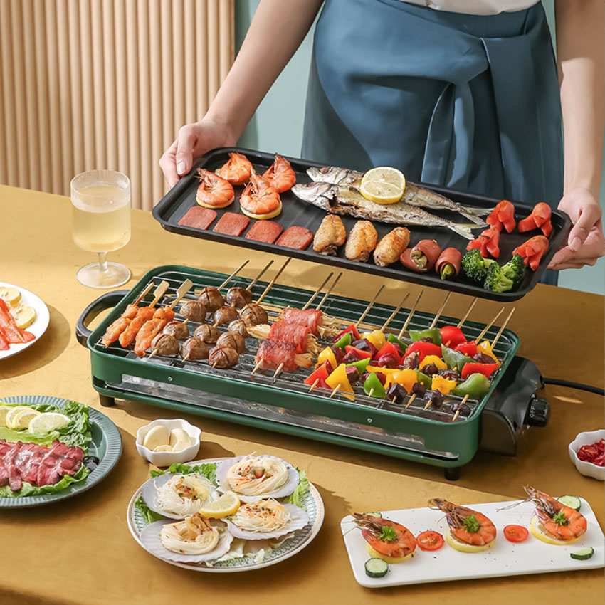 Bếp nướng điện không khói Teppanyaki 2 vỉ nướng công suất 1500W, Nướng nhanh, tiết kiệm điện, Bếp nướng điện chuyên dụng cho những bữa tiệc BBQ gia đình với 2 vỉ nướng chuyên dụng cho nhiều chế độ nướng hơn