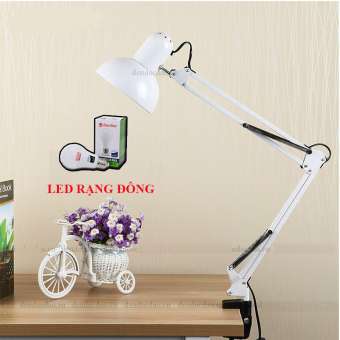 Đèn kẹp bàn kỹ thuật Pixar màu trắng (Chao lớn, thân dài 90cm) - Tặng kèm bóng LED Rạng Đông chống lóa 100%