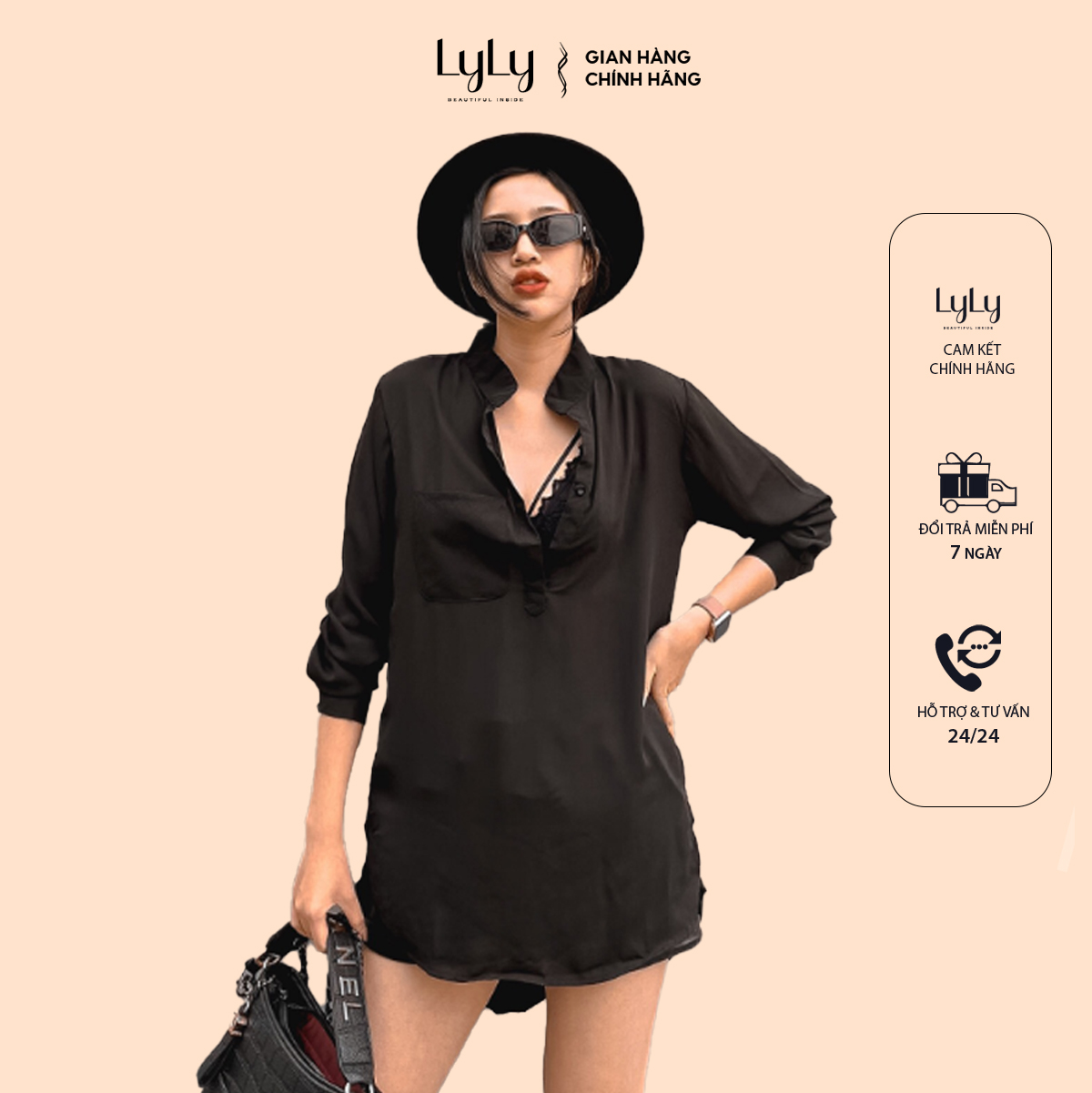 Váy ngủ nữ kiểu sơ mi Lyly Lorem TK012 tay dài đẹp sang chảnh và lôi cuốn - Freesize dưới 60kg