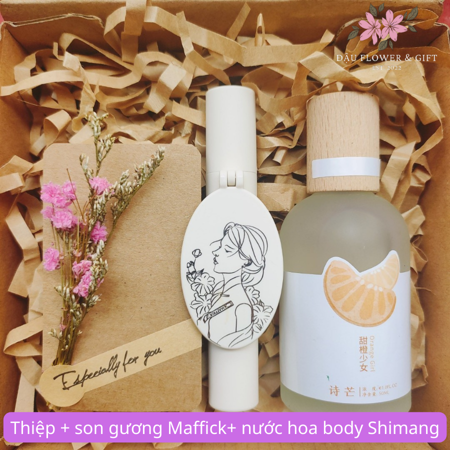 Set quà sinh nhật, quà tặng bạn gái gồm nước hoa body mist, son gương, thiệp