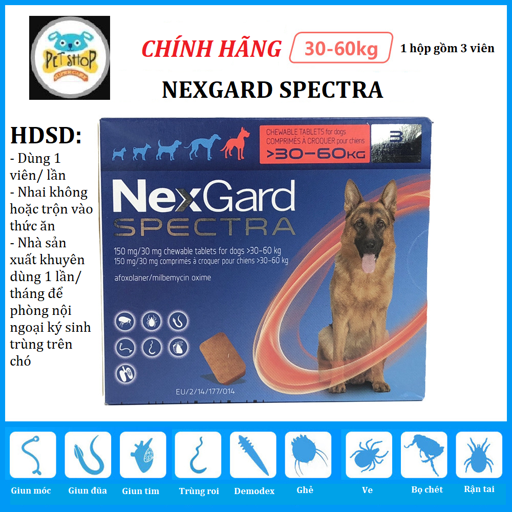 [Hoàn tiền 10%] [CÓ HỎA TỐC] Nexgard Spectra - Ve Ghẻ Demodex Xổ Giun Chó 30-60Kg