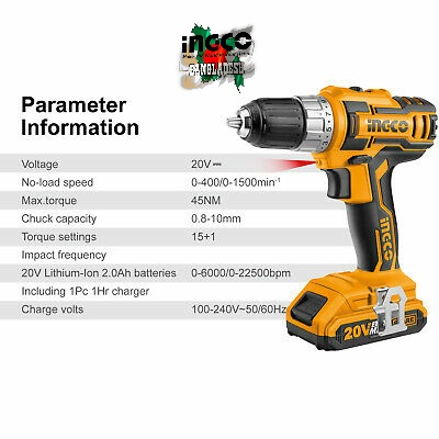 Lithium-ion Cordless Drill 20v Ingco cdli200215