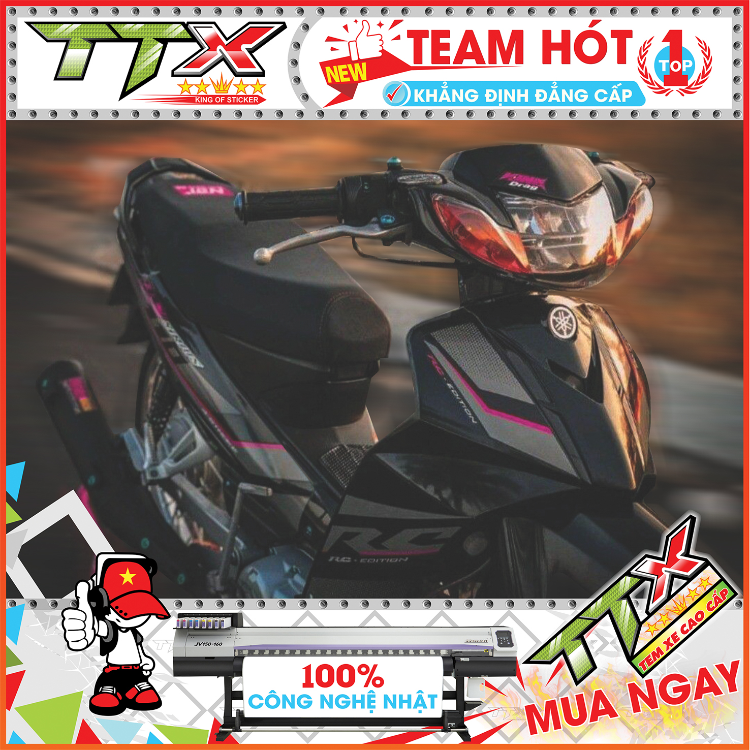 Tem  chế sirius đen hồng rc 110 , Team rời sirius dán xe màu đen chỉ hồng siêu đẹp , Shop TTX Tem si