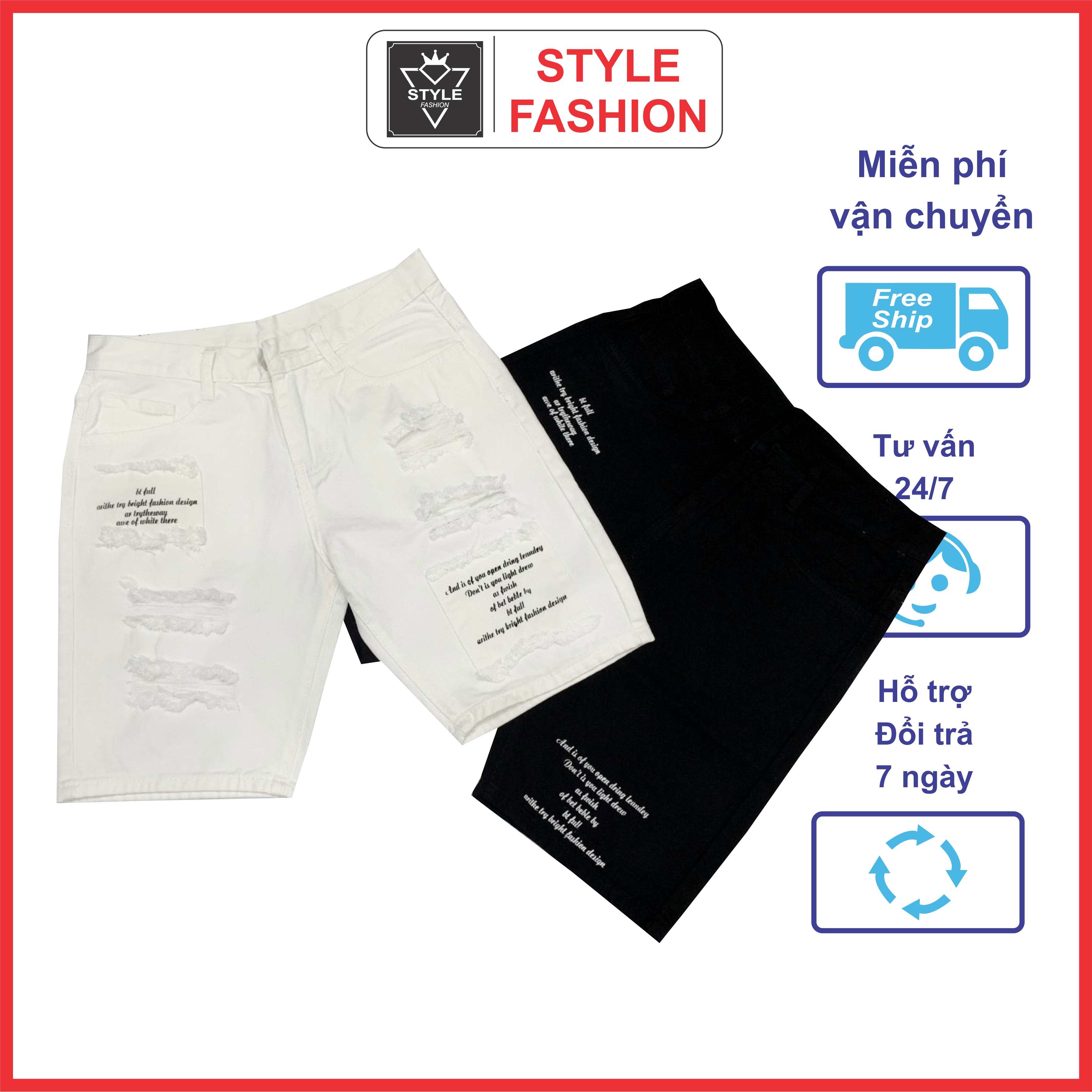 [FREESHIP] Quần short jean nam rách xướt chất bò co dãn phối họa tiết chữ 2 màu trắng,đen giá rẻ STYLE_FASHION_VN