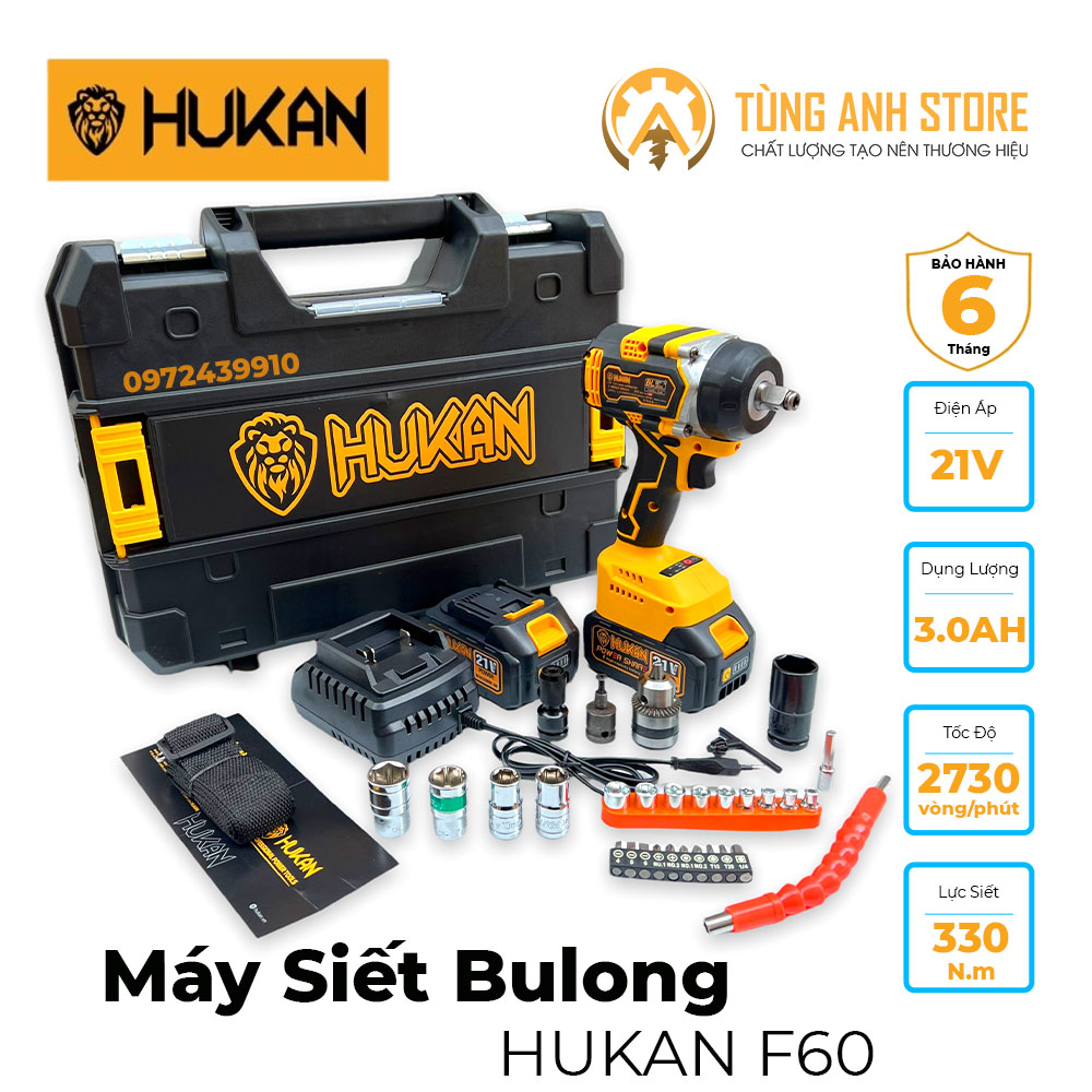 Máy siết bulong pin HUKAN F60 lực siết 330nm tặng kèm bộ phụ kiện máy bulong