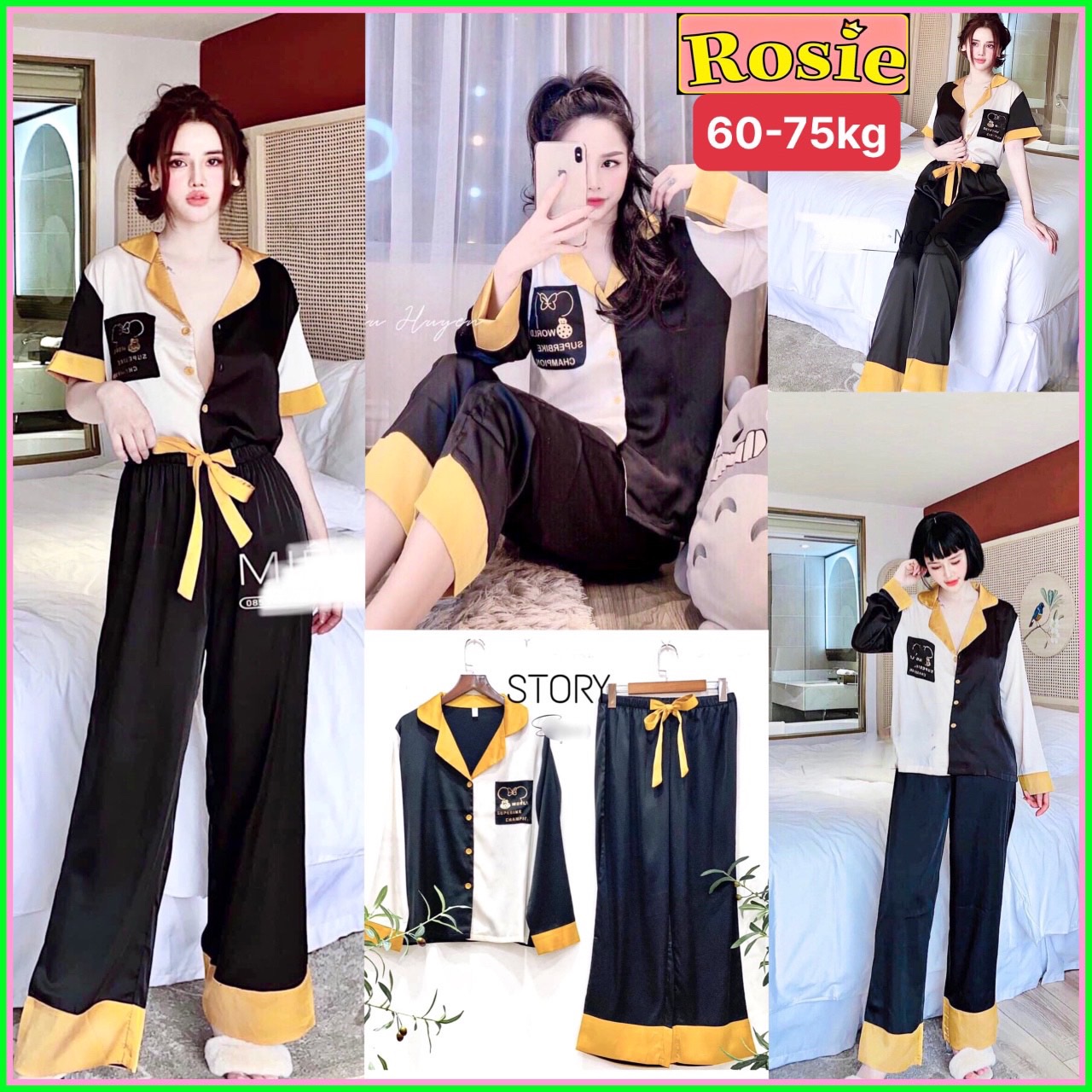 Bộ pijama lụa satin phối đen vàng phong cách ❤️ lụa mềm mại ❤️ rộng to ❤️ đồ ngủ ❤️ nữ ❤️ pijama ❤️ đồ bầu ❤️ sau sinh ❤️ giá rẻ ❤️ big ❤️ đại ❤️ pizama ❤️ xưởng may