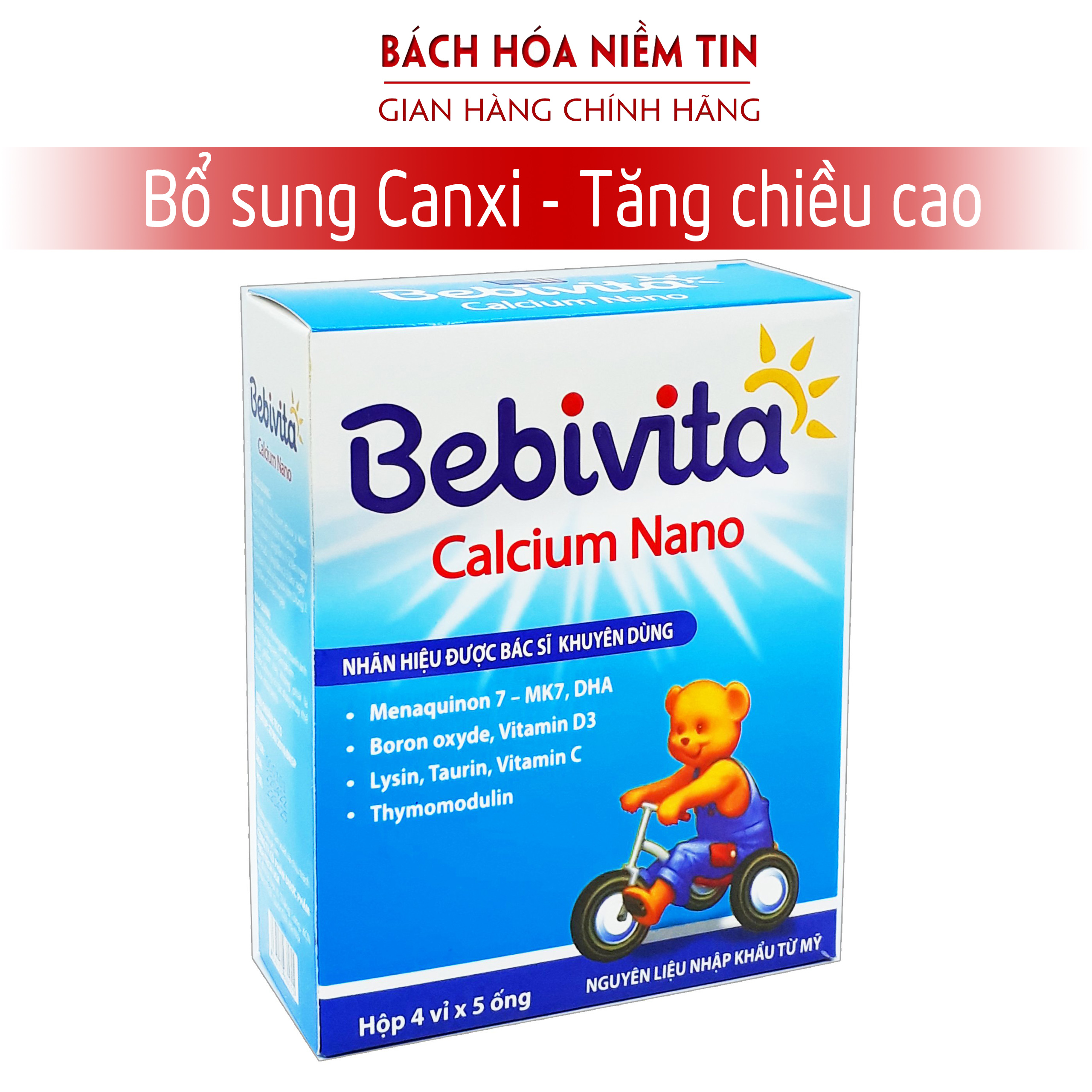 Siro bổ sung canxi cho bé Bebivita Calcium Nano - bổ sung canxi, vitamin D3, K2, DHA giúp phát triển chiều cao, giảm còi xương ở trẻ từ 1 tuổi - Hộp 20 ống Hàng chính hãng