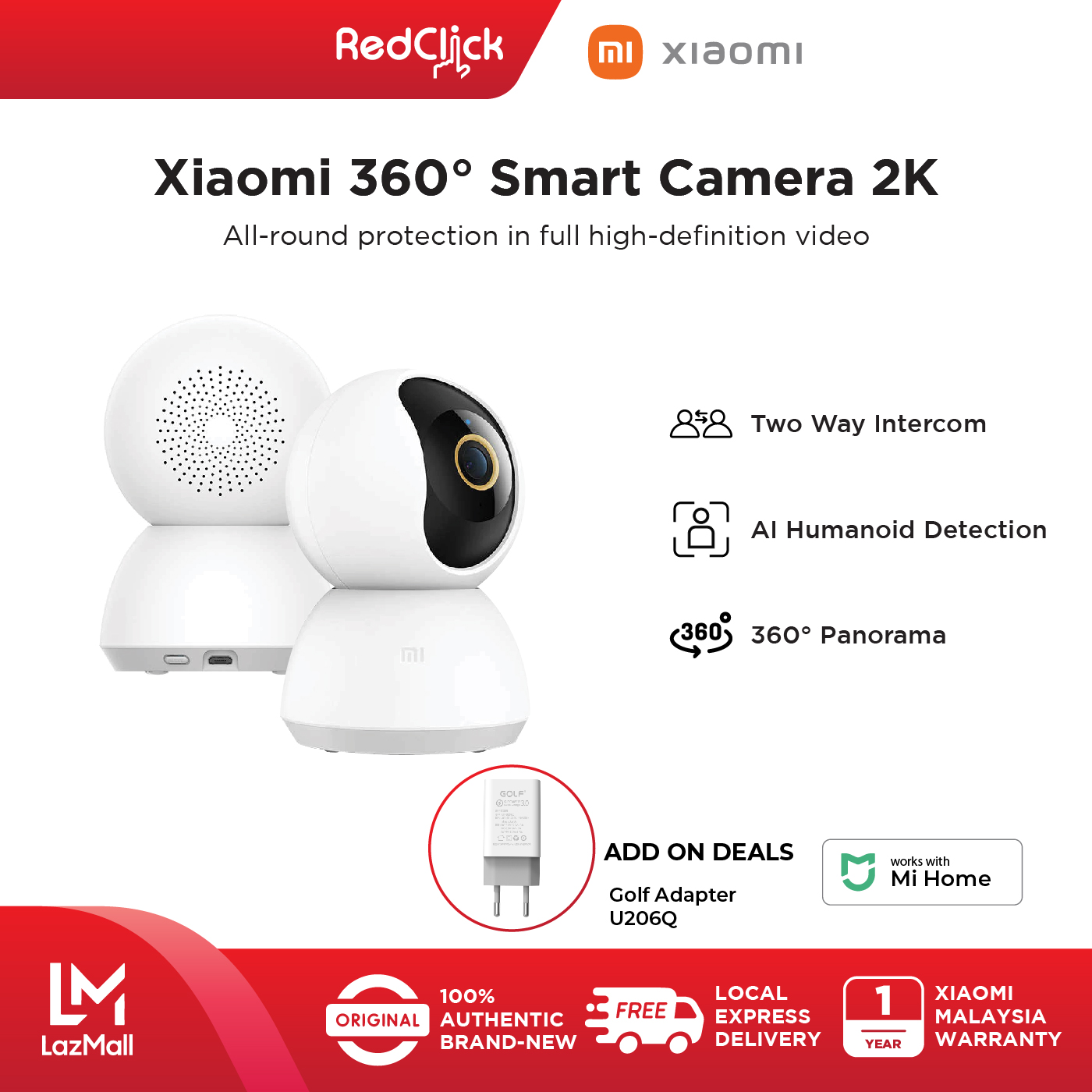 Xiaomi Mi 360° Home Security Camera PTZ 2K /MJSXJ09CM Infrared Night Version AI Human Detection AI Face Recognition CCTV