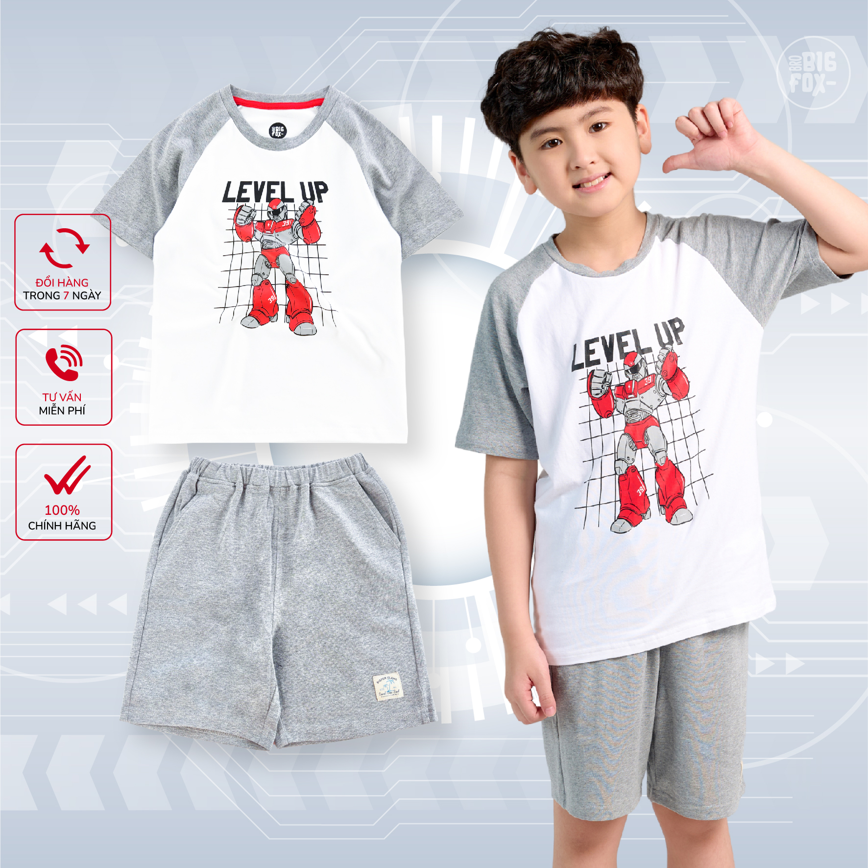 Bộ bé trai BIGFOX - MISS MEOW size đại, bộ đồ cộc tay cho bé chất cotton phong cách Âu Mỹ hình in robot level up 11 – 40 kg QATE