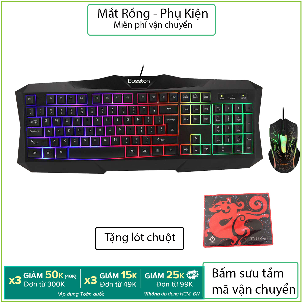 [Tặng lót chuột Y6] Bộ bà phím và chuột chuyên game Bosston 837 led nền cực ngầu và phim bấm êm