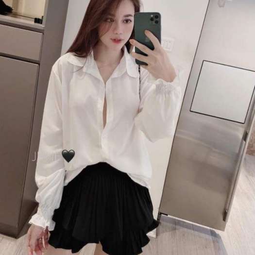 Korea Áo sơ mi nữ trắng đi học tay dài bo nhúm cổ bẻ  siêu  HoT !!!