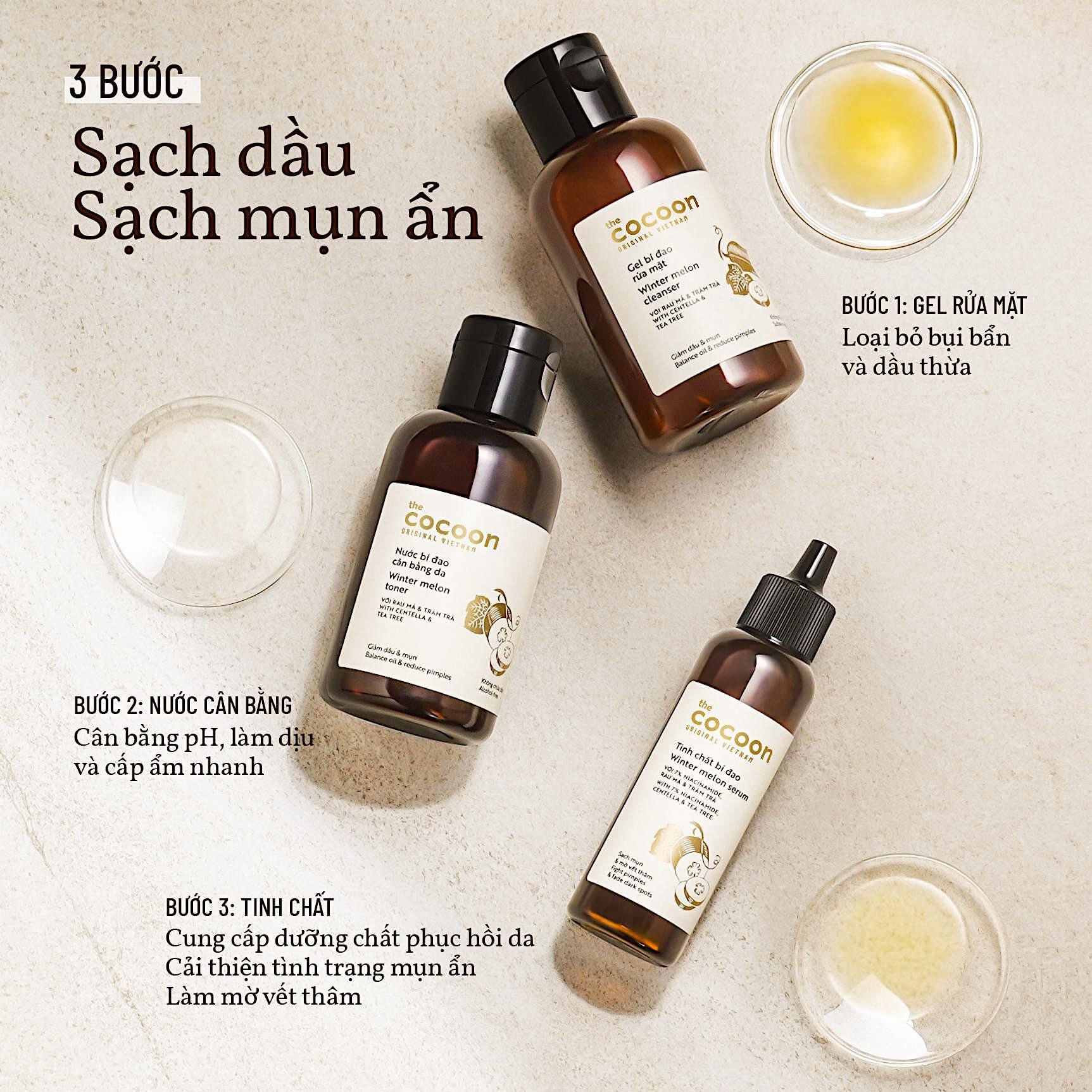 Bộ 3 chăm sóc da mụn cơ bản từ bí đao: gel rửa mặt + toner nước cân bằng + tinh chất bí đao Cocoon Học Viện Quân Y Việt Nam
