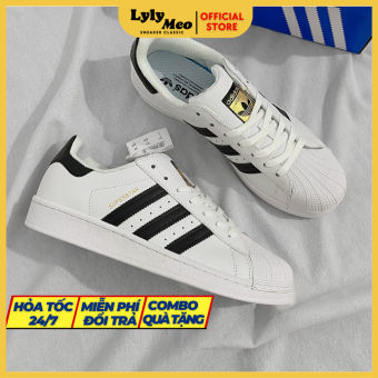 Giày_Adidas Superstar Màu Trắng 3 Sọc Đen Tem Vàng, Giày thể thao nam nữ Adidas mũi sò trắng sọc đen bản S.Cấp full PK