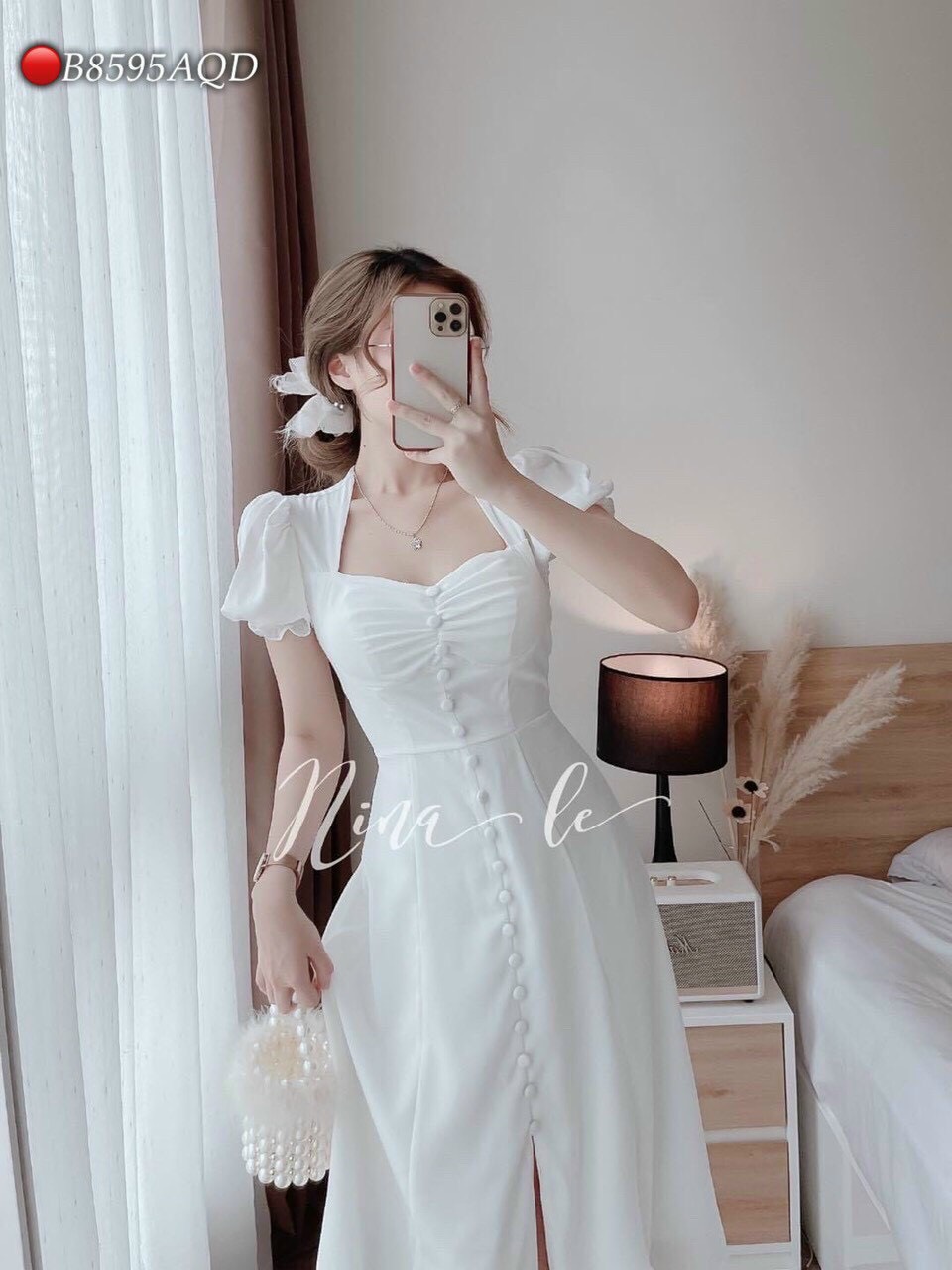 Đầm tiểu thư màu trắng tay phồng, đầm dáng xòe midi dễ thương, váy cổ vuông đính nút, đầm ôm eo dáng xòe đi tiệc - mtb