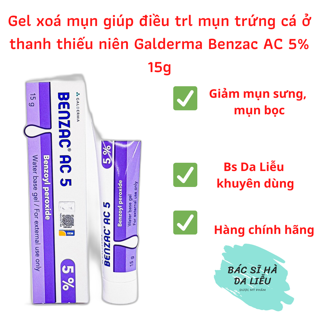 Gel xoá mụn giúp điều trl mụn trứng cá ở thanh thiếu niên Galderma Benzac AC 5% 15g | Bs Hà Da Liễu Khuyên Dùng