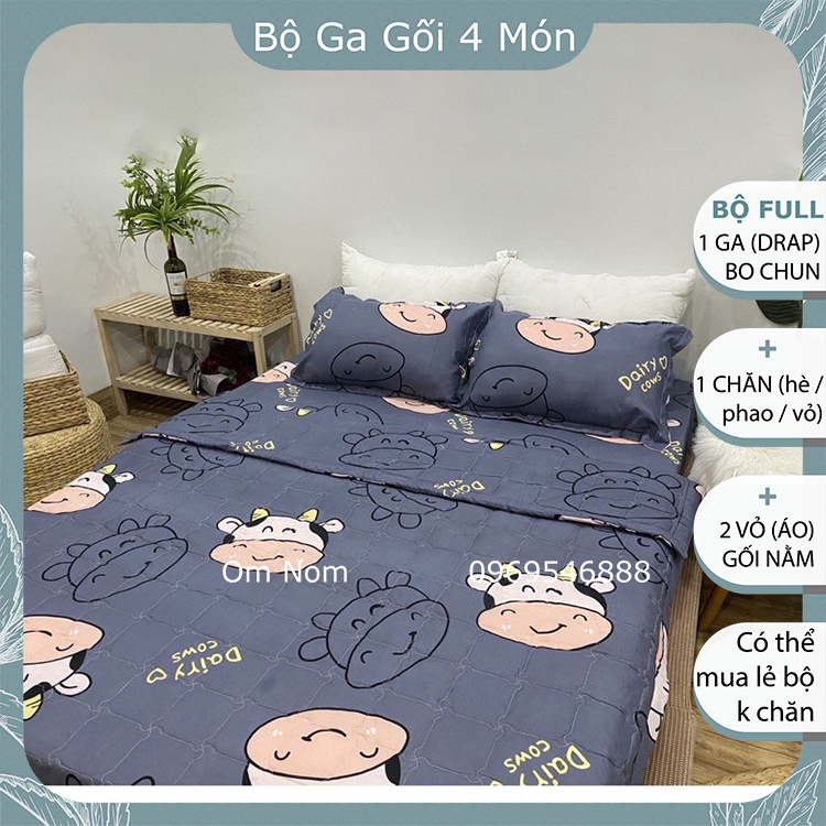Bộ chăn ga gối đệm đẹp, cute chất Cotton Hàn Quốc, giá rẻ, BỘ 4 MÓN: 1 drap giường, 2 vỏ gối nằm, 1 chăn, họa tiết hình ĐẦU BÒ siêu cute, dễ thương cho các bé