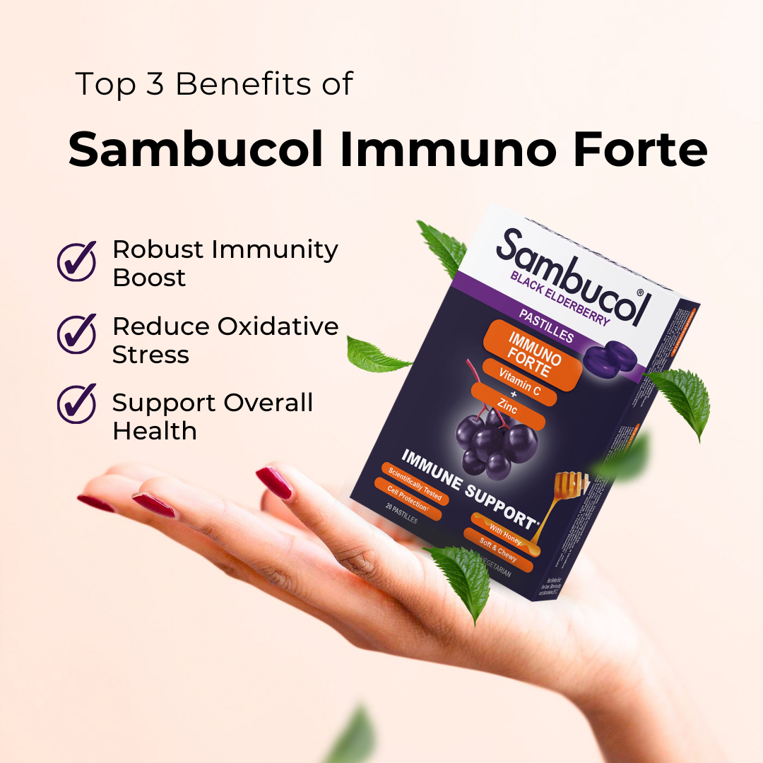 Sambucol Immuno Forte, PLUS Soothing Honey + Vitamin C + Zinc, Support Immune, 20 Pastilles, Benefits
