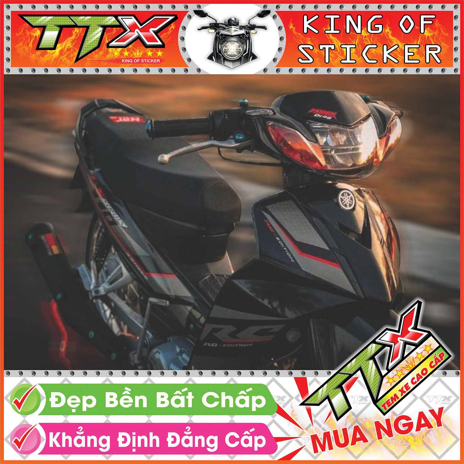 Tem sirius đen đỏ rc 110 , Tem xe phụ kiện sirius rc màu đen chỉ đỏ siêu đẹp , Shop TTX Tem rời sirius