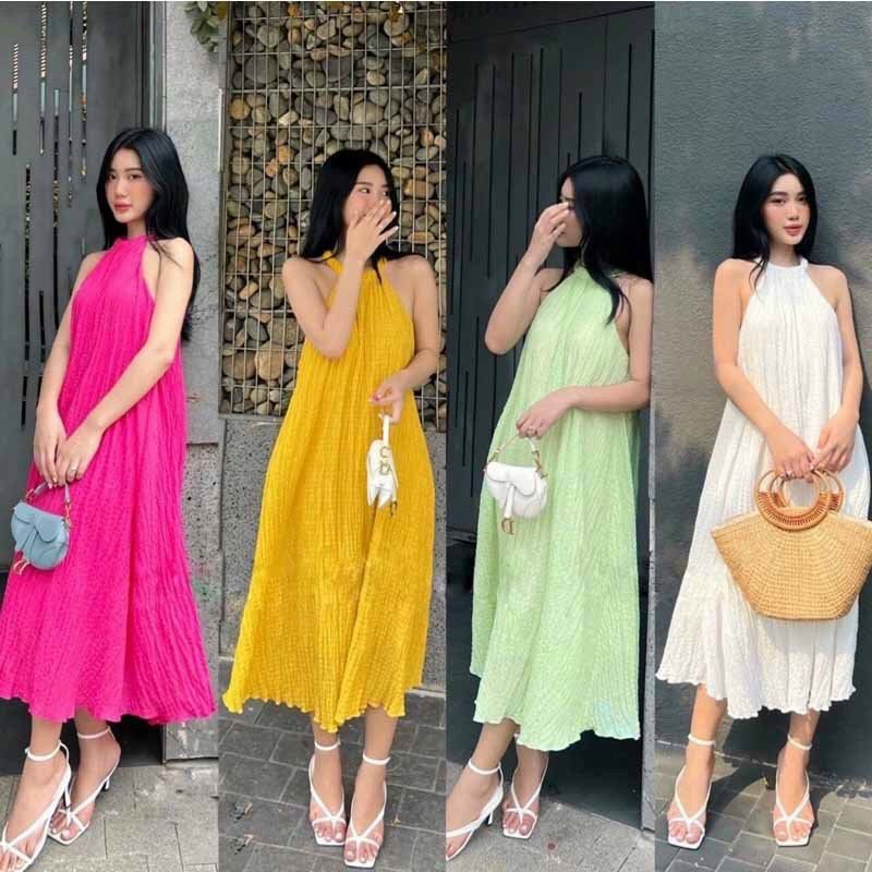 Váy maxi cổ yếm chất đũi xốp , đầm maxi dự tiệc đi biển hàng thiết kế chuẩn shop duvi