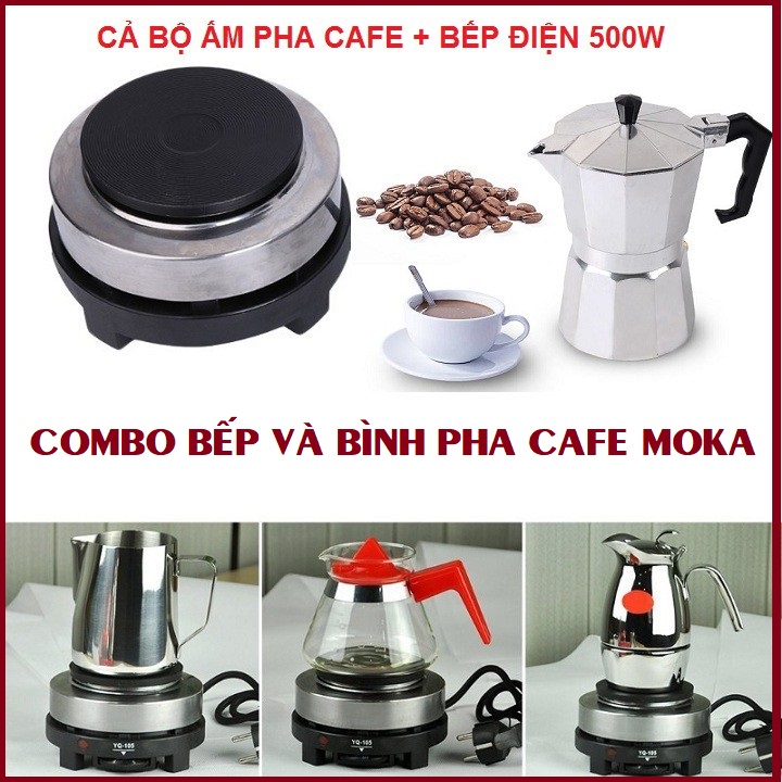 Combo Bếp điện mini 500w và bình pha cà phê Moka Pot, Máy pha cà phê(cafe), ấm pha cà phê cho gia đình, văn phòng