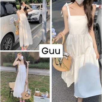 Đầm babydoll trắng trơn 2 dây dáng dài xòe [FREESHIP] Váy bánh bèo tiểu thư chất đũi mềm GUU