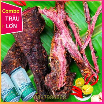 COMBO: 500G thịt trâu gác bếp + 500G thịt heo gác bếp chuẩn vị Tây Bắc  (TẶNG CHẨM CHÉO) khô trâu gác bếp, khô lợn sấy combo 1kg