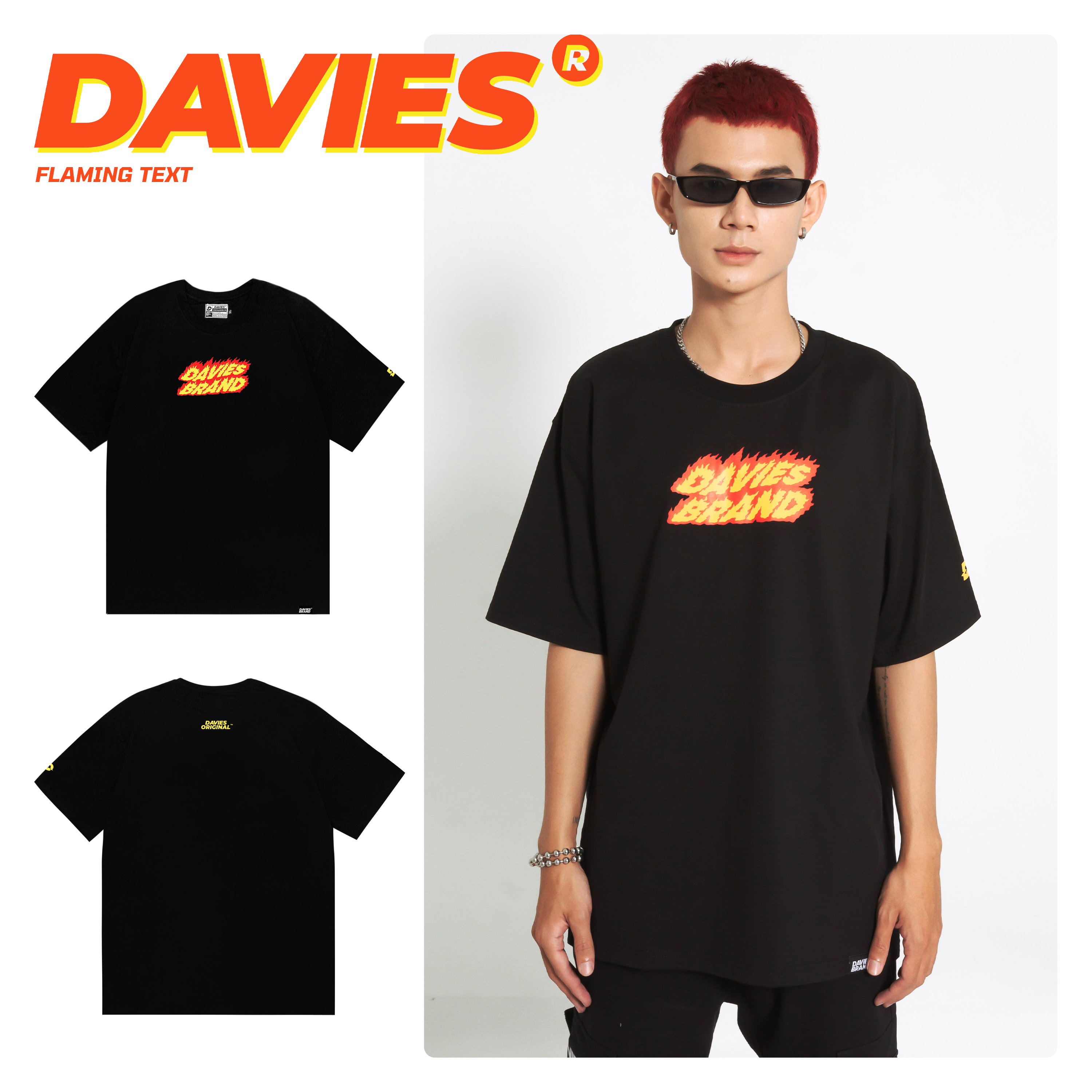 Áo thun nam form rộng tay lỡ đen Flaming Text - Áo thun local brand DAVIES.