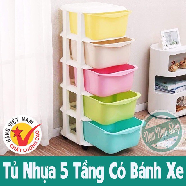 Tủ nhựa đa sắc ngăn kéo 5 tầng có bánh xe hàng