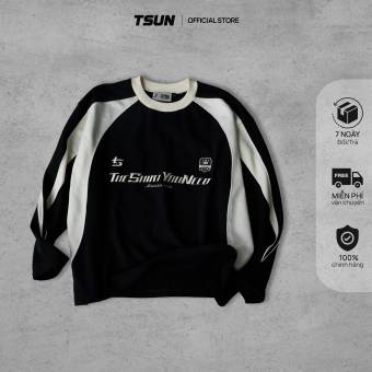 Áo Sweater TSUN Patchwork - Tay Dài - [UNISEX] - Đen - Logo Thêu