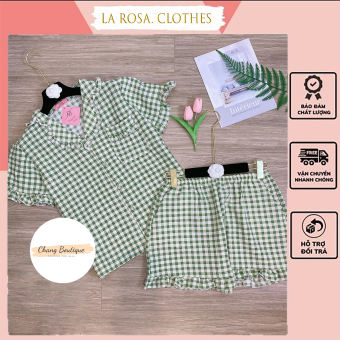 Đồ ngủ nữ tay ngắn quần cộc viền bèo chất đũi xốp, bộ đồ mặc nhà kẻ caro bánh bèo, bộ pyjama cộc tay