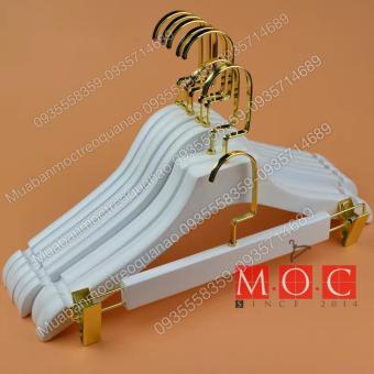 10 Móc áo và móc kẹp quần gỗ trắng đầu dẹp vàng